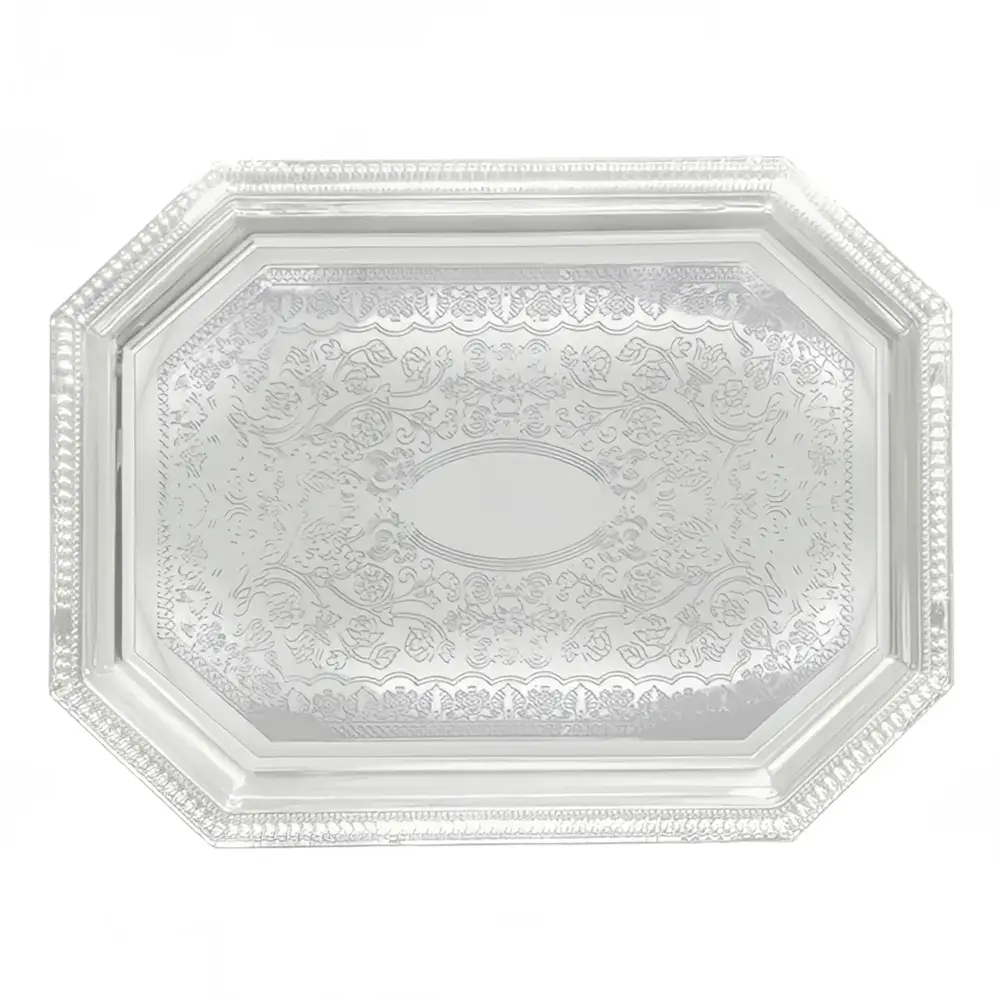 Winco CMT-1217 Octagonal Serving Tray - 17" x 12 1/2", Gadroon Edge w/ Engraving, Chrome Plated