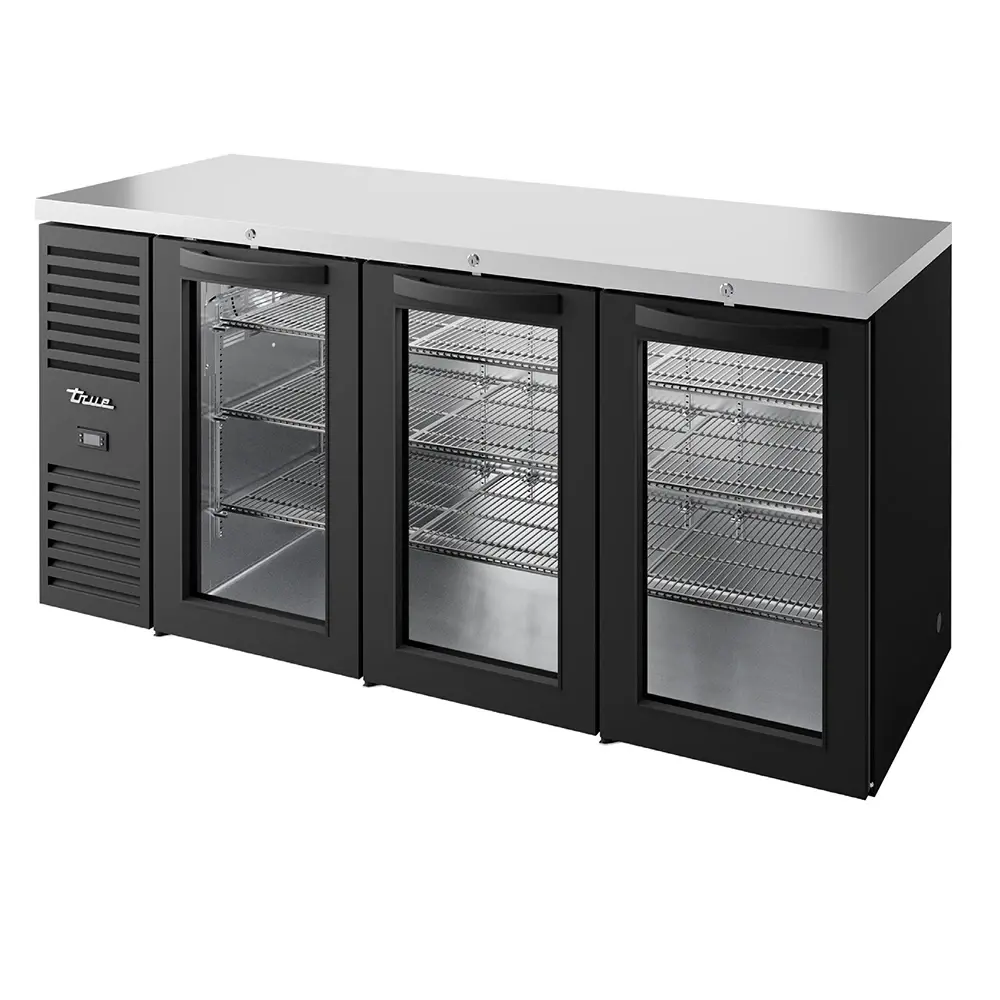 True TBR84-RISZ1-L-B-GGG-1 84" Bar Refrigerator - 3 Swinging Glass Doors, Black, 115v