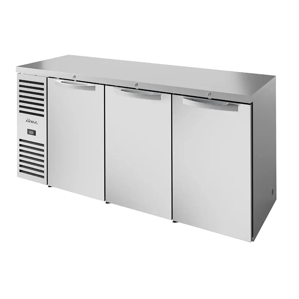 True TBR84-RISZ1-L-S-SSS-1 84" Bar Refrigerator - 3 Swinging Solid Doors, Stainless, 115v