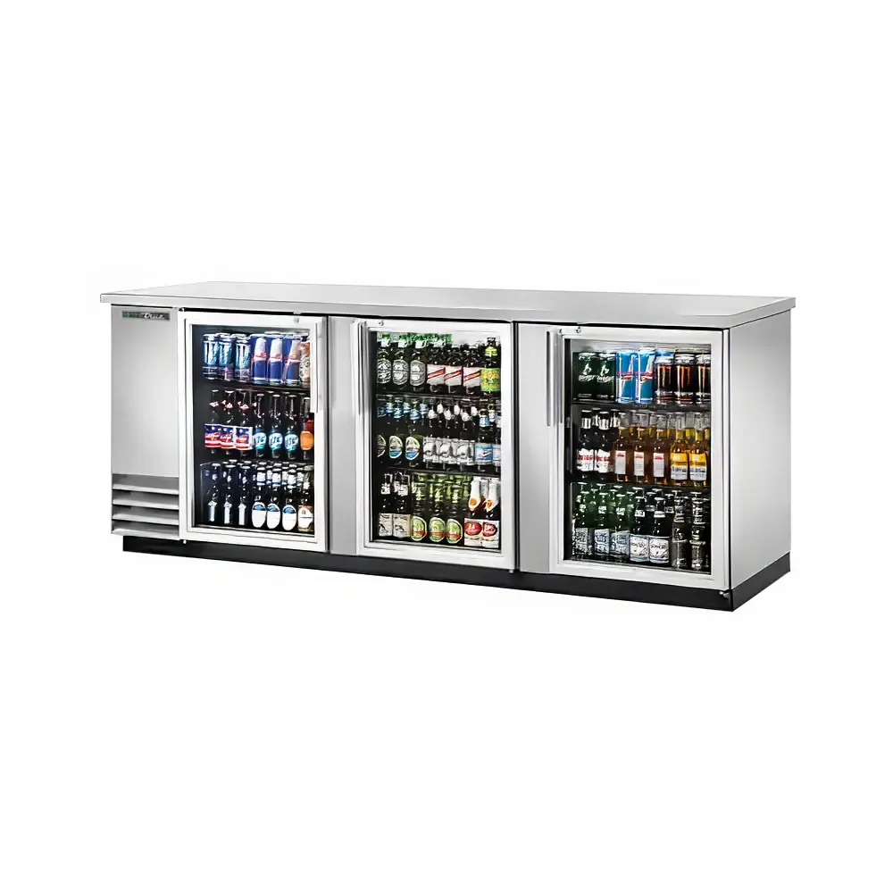 True TBB-4G-S-HC-LD 90" Bar Refrigerator - 3 Swinging Glass Doors, Stainless, 115v
