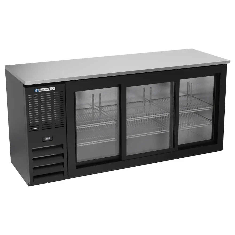 Beverage-Air BBN72HC-GS-B 72" Bar Refrigerator - 3 Sliding Glass Doors, Black, 115v