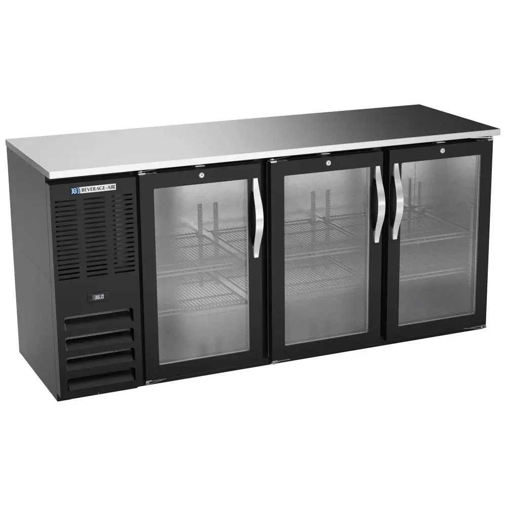Beverage-Air BBN72HC-G-B 72" Bar Refrigerator - 3 Swinging Glass Doors, Black, 115v