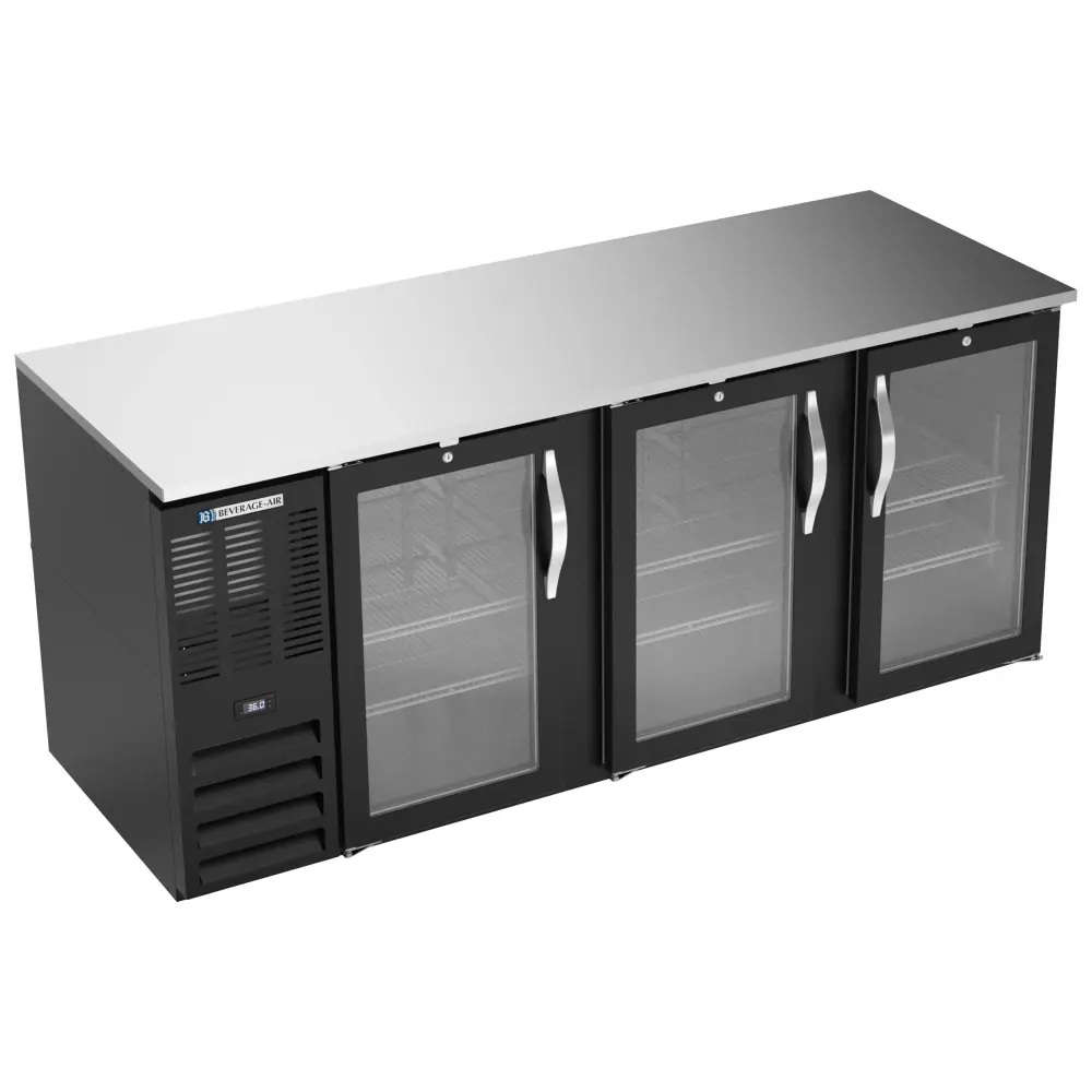 Beverage-Air BB78HC-FG-B 78" Bar Refrigerator - 3 Swinging Glass Doors, Black, 115v
