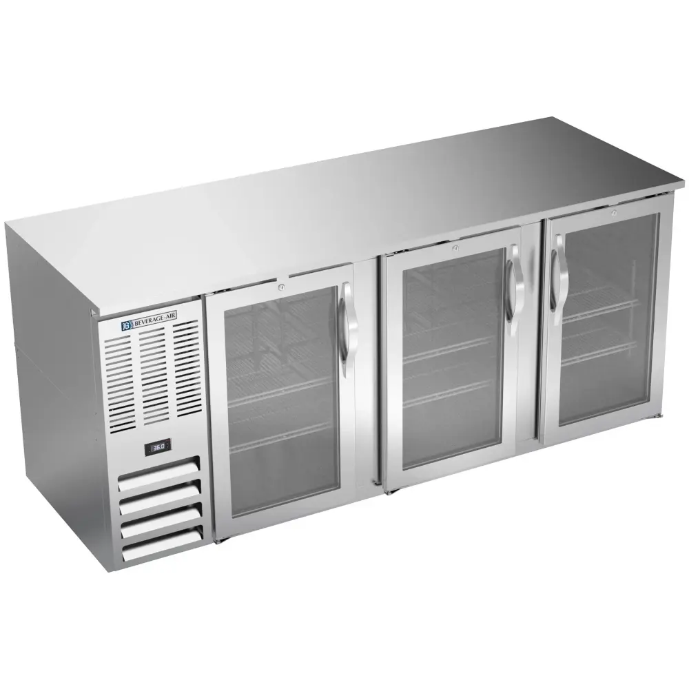 Beverage-Air BB78HC-FG-S 72" Bar Refrigerator - 3 Swinging Glass Doors, Stainless, 115v