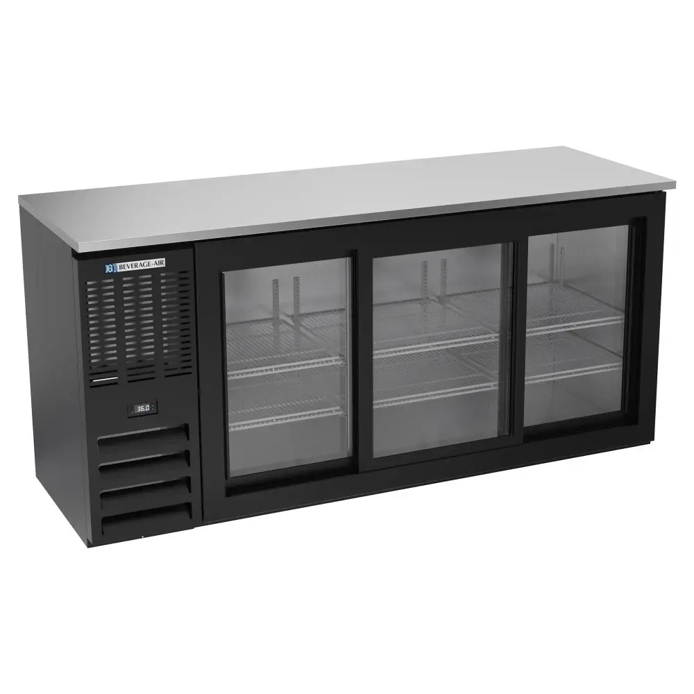 Beverage-Air BBN72HC-F-GS-B 72" Bar Refrigerator - 3 Sliding Glass Doors, Black, 115v