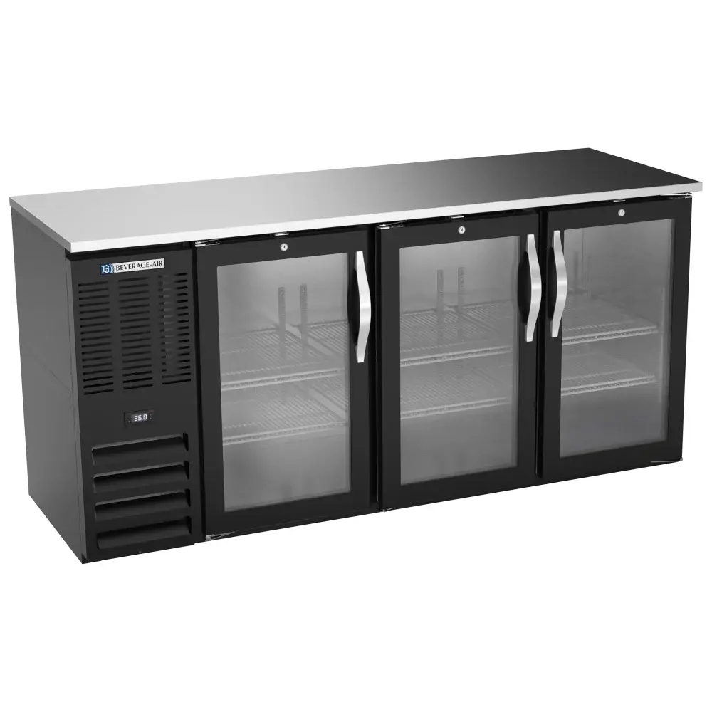 Beverage-Air BBN72HC-FG-B 72" Bar Refrigerator - 3 Swinging Glass Doors, Black, 115v