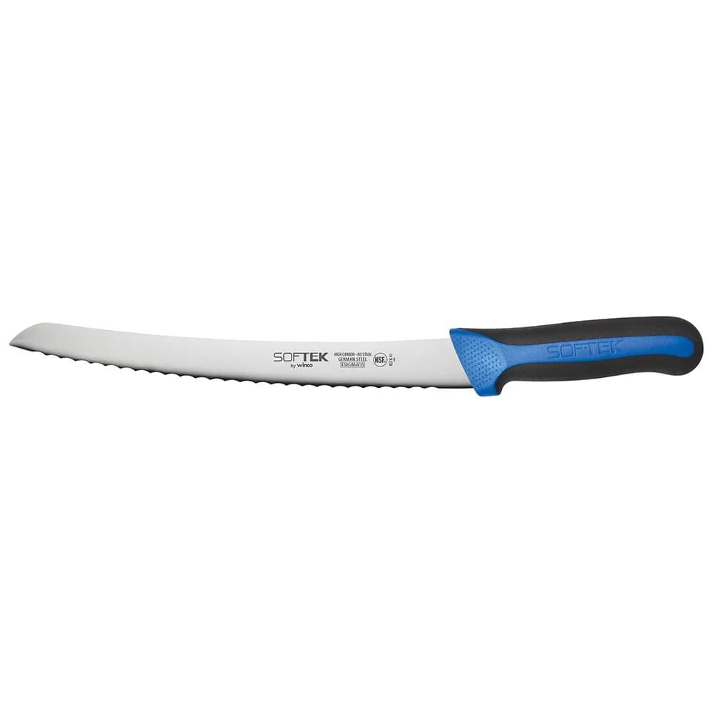 Winco KSTK-91 9 1/2" Curved Bread Knife w/ High Carbon Steel Blade & Black/Blue TPR Handle