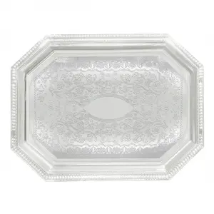 Winco CMT-1217 Octagonal Serving Tray - 17" x 12 1/2", Gadroon Edge w/ Engraving, Chrome Plated