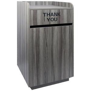 American Tables & Seating ATS-TR1-GRY 35 Gallon Gray Faux Wood Melamine Waste Receptacle Enclosure with "THANK YOU" Swing Door