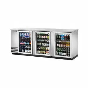 True TBB-4G-S-HC-LD 90" Bar Refrigerator - 3 Swinging Glass Doors, Stainless, 115v